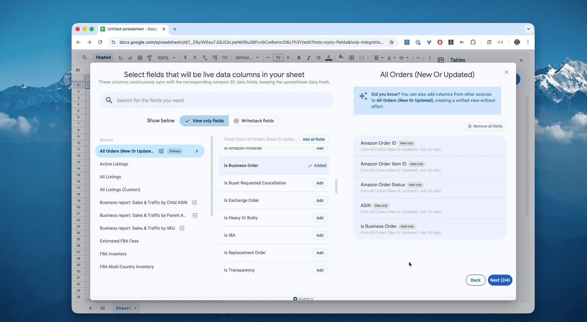 Choose columns for the All Orders (New or Updated) report in Hopted