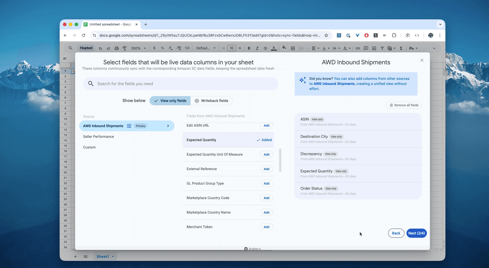 Choose columns for the AWD Inbound Shipments report in Hopted