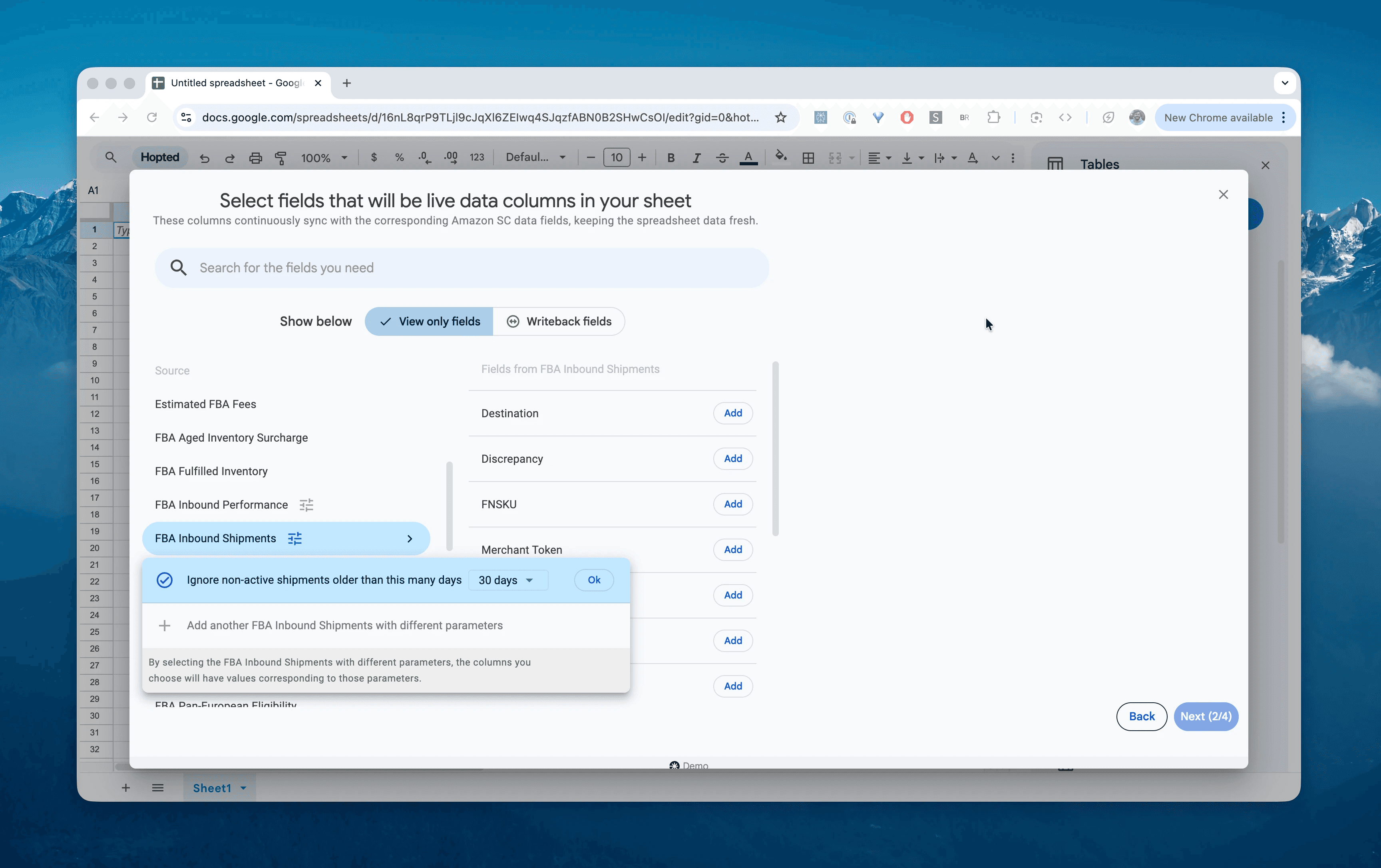 Select the FBA Inbound Shipments report in Hopted