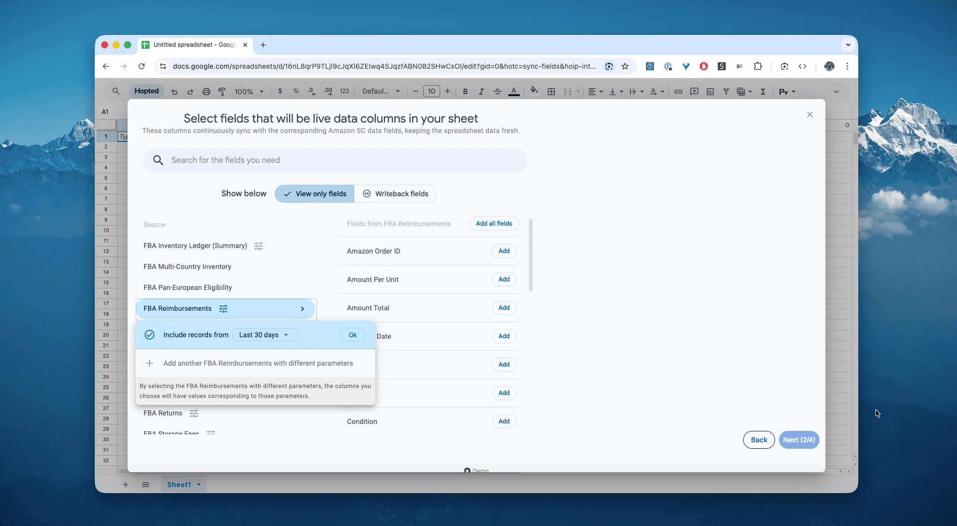 Select the FBA Reimbursements report in Hopted