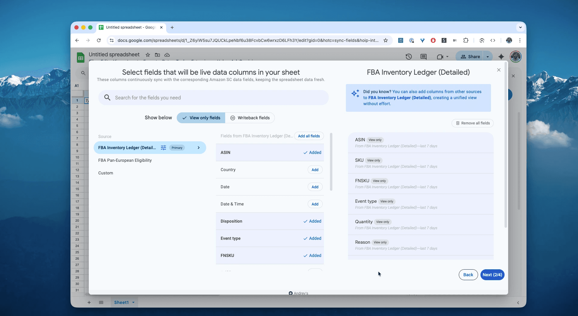 Choose columns for the FBA Inventory Ledger (Detailed) report in Hopted