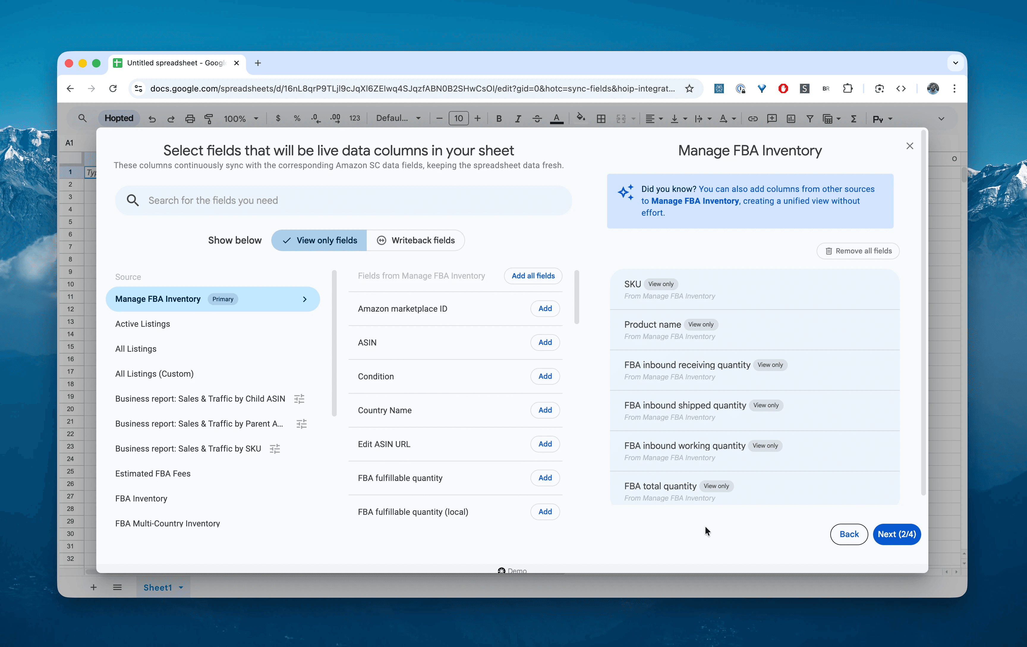 Choose columns for the Manage FBA Inventory report in Hopted