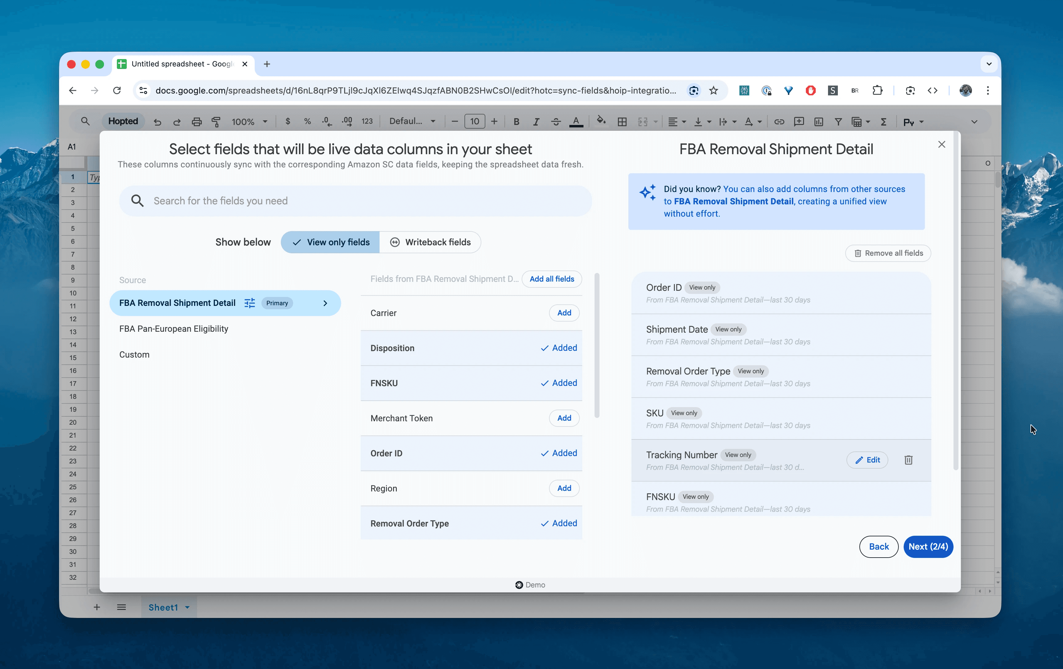 Choose columns for the FBA Removal Shipment Details report in Hopted