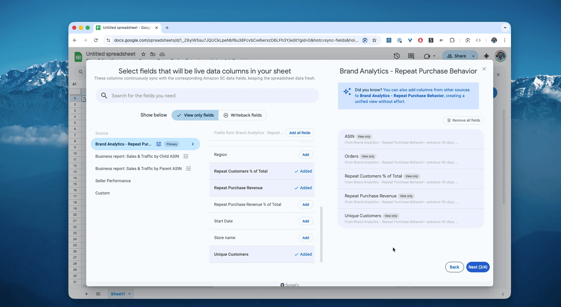 Choose columns for the Brand Analytics - Repeat Purchase Behaviour report in Hopted