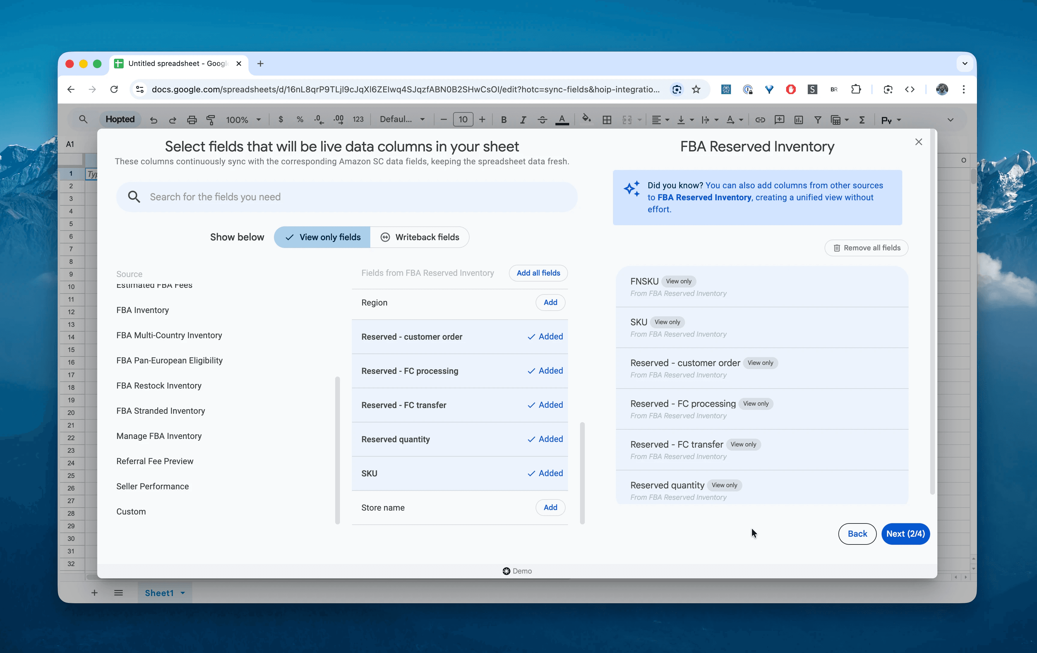 Choose columns for the FBA Reserved Inventory report in Hopted