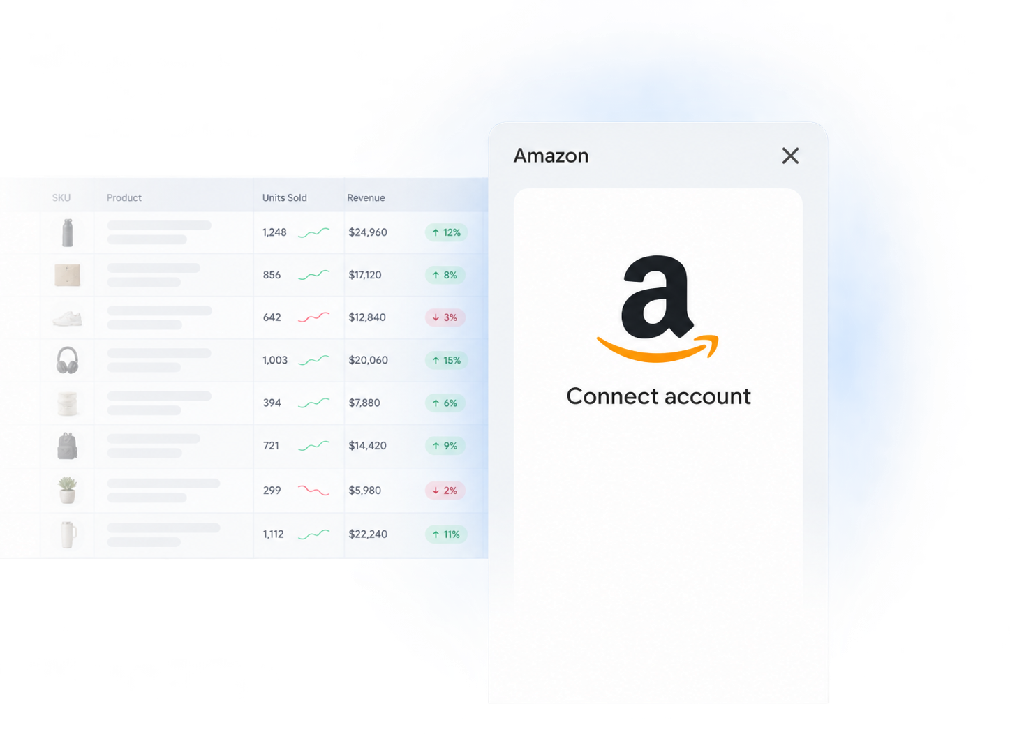 Amazon account connection beside spreadsheet sales data
