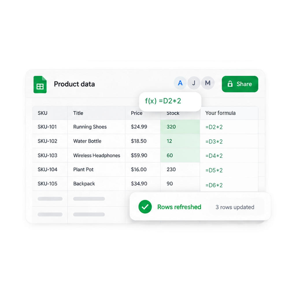 Three refreshed stock rows beside unchanged product columns and spreadsheet formulas