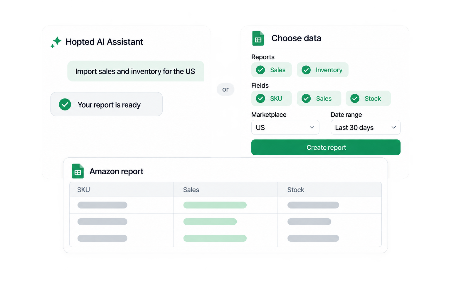 Hopted AI Assistant or point-and-click selection produces one shared Google Sheets report shown in front of both dialogs