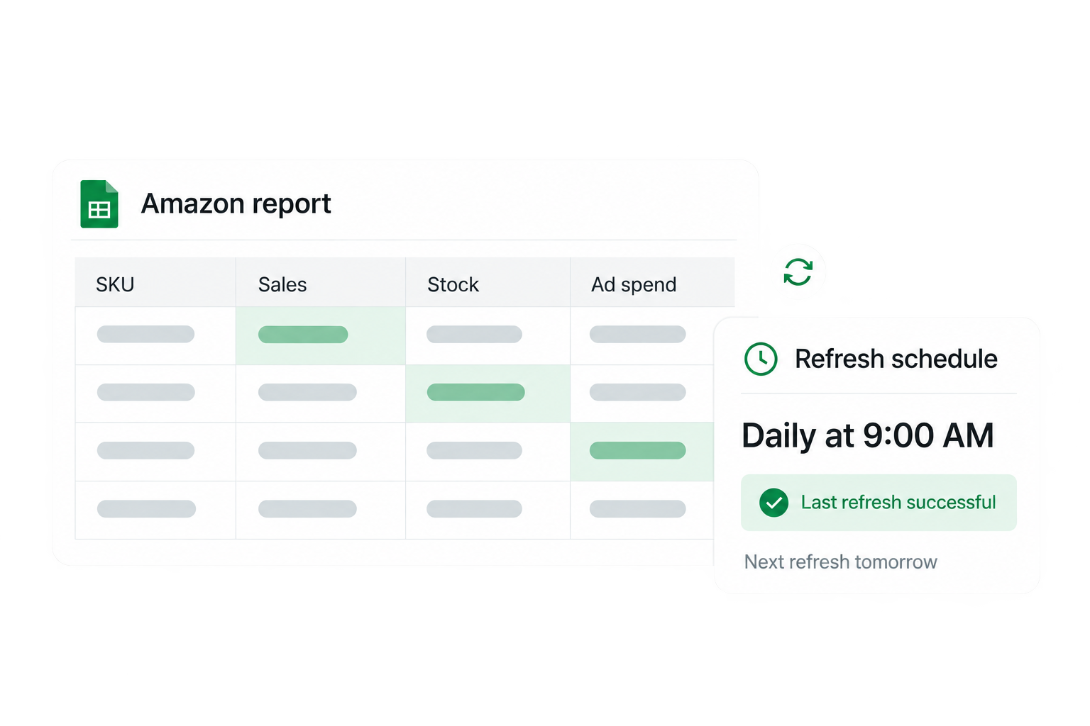 Amazon report with refreshed cells and an automatic daily schedule showing the last refresh succeeded