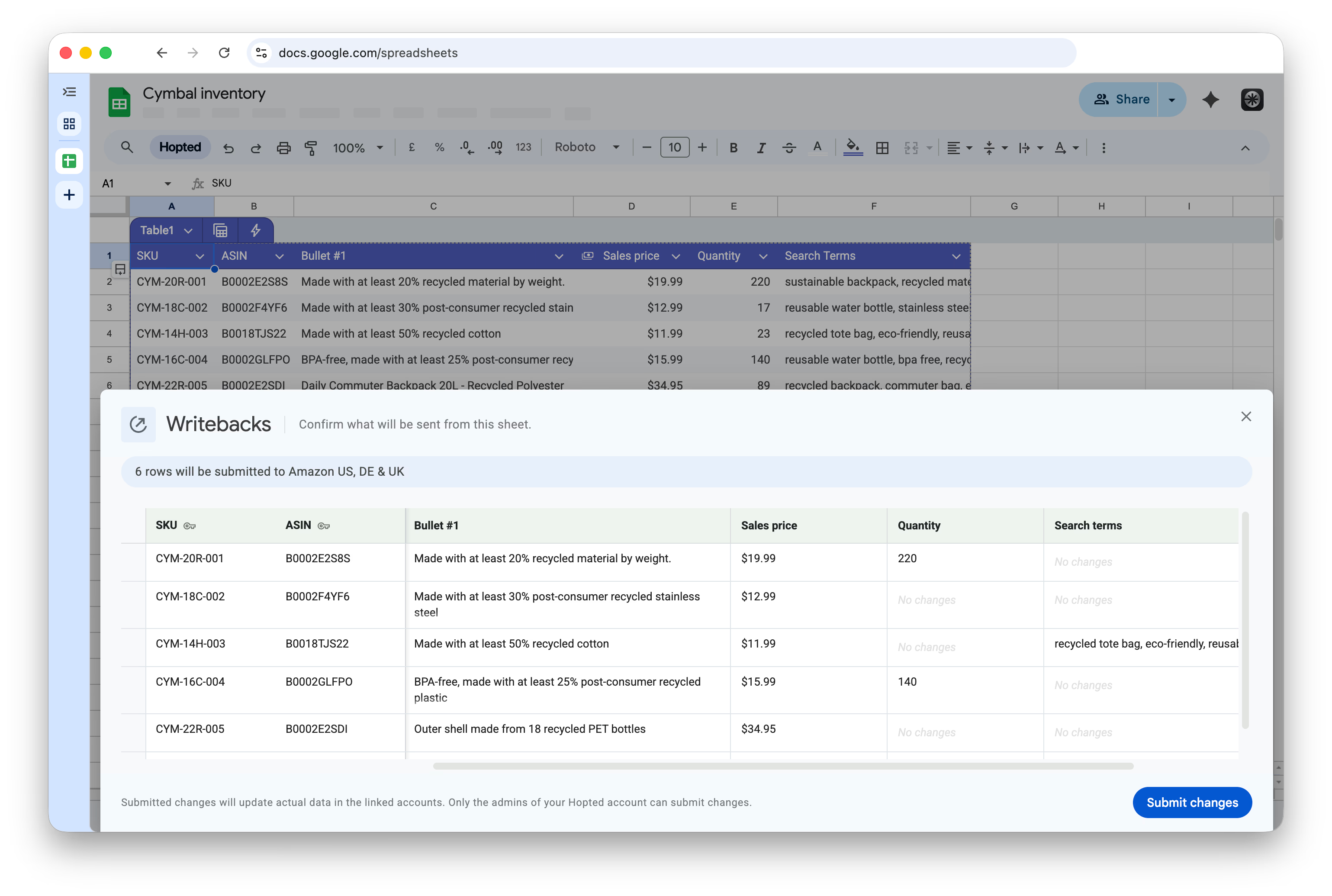 Hopted Writebacks in Google Sheets